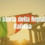 Italian Republic flag waving in front of historic Roman ruins, golden sunset, patriotic mood, realistic.