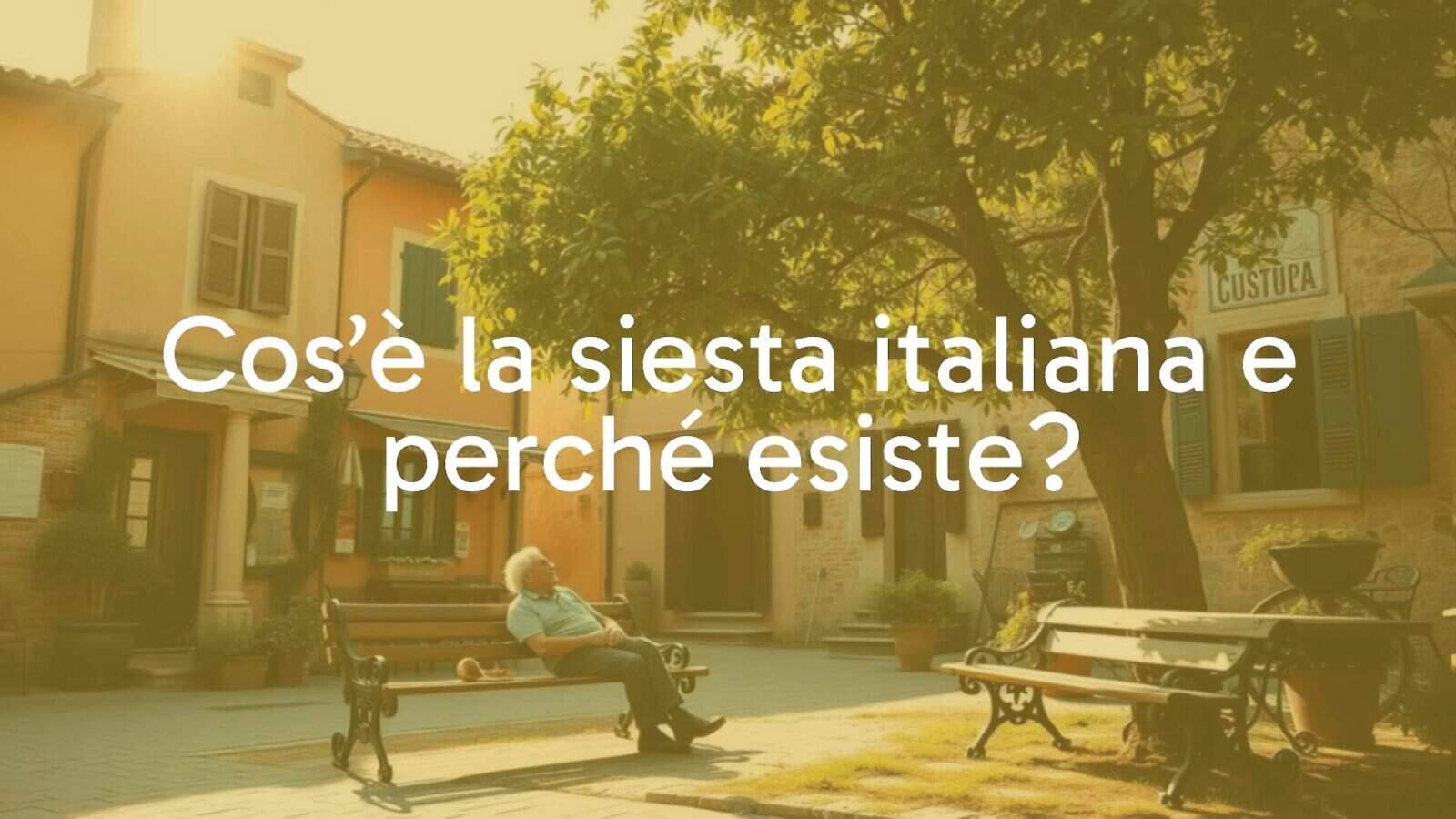 Italian siesta in a cozy village, old man resting on a bench under a tree, warm sunlight, rustic charm, peaceful atmosphere, realistic style.