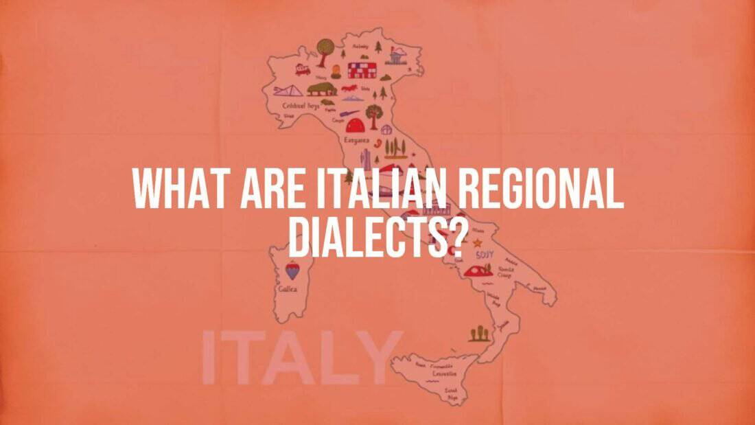 A colorful map of Italy with speech bubbles showing different regional dialects, vintage paper texture, warm tones, illustrative style.
