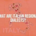 A colorful map of Italy with speech bubbles showing different regional dialects, vintage paper texture, warm tones, illustrative style.