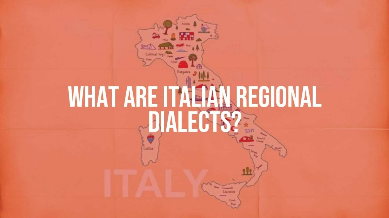 A colorful map of Italy with speech bubbles showing different regional dialects, vintage paper texture, warm tones, illustrative style.