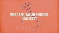 A colorful map of Italy with speech bubbles showing different regional dialects, vintage paper texture, warm tones, illustrative style.