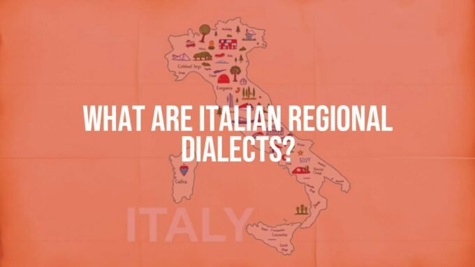 A colorful map of Italy with speech bubbles showing different regional dialects, vintage paper texture, warm tones, illustrative style.