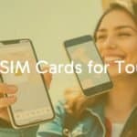 Tourist holding an Italian SIM card with a smartphone showing a map of Italy, sunny background, modern and clean style.