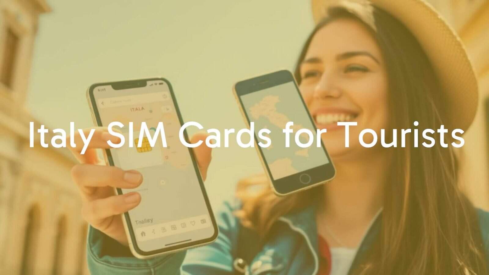 Tourist holding an Italian SIM card with a smartphone showing a map of Italy, sunny background, modern and clean style.