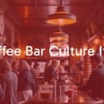 Busy Italian coffee bar, people standing and chatting, barista making espresso, warm lighting, vintage decor, lively atmosphere, realistic.