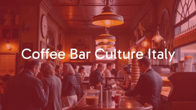 Busy Italian coffee bar, people standing and chatting, barista making espresso, warm lighting, vintage decor, lively atmosphere, realistic.