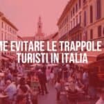 Tourist trap in Italy, crowded piazza with overpriced cafes and souvenir shops, realistic.