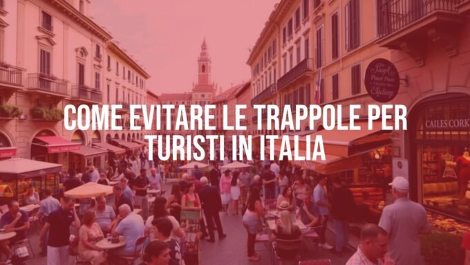 Tourist trap in Italy, crowded piazza with overpriced cafes and souvenir shops, realistic.