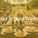 Italian family enjoying a long Sunday lunch outdoors, rustic table with pasta and wine, sunny countryside backdrop, warm and inviting atmosphere, realistic.