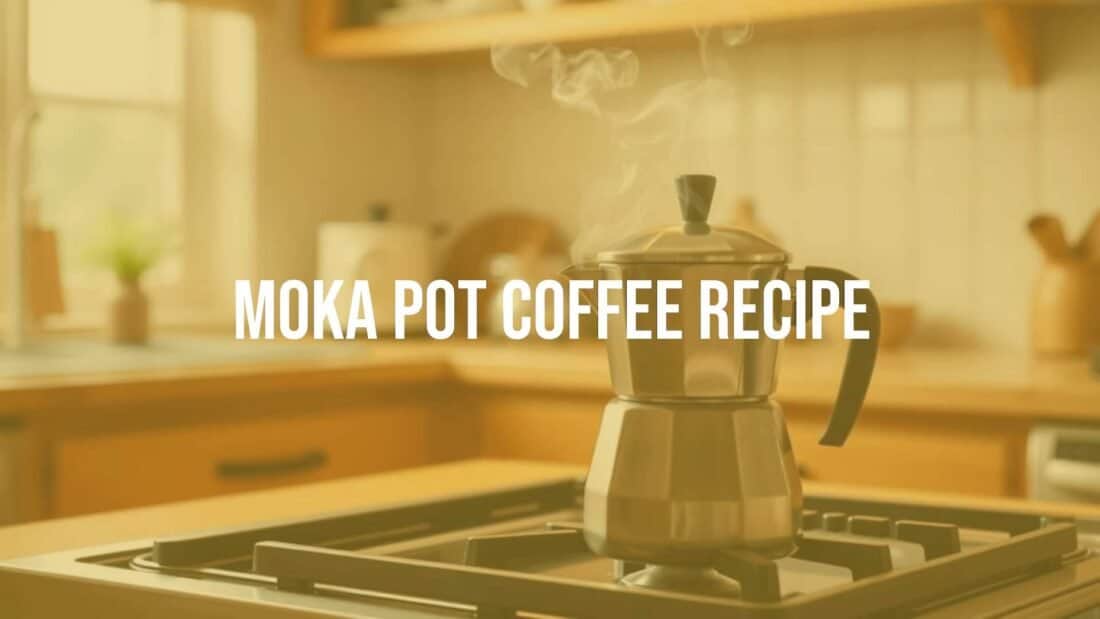 A classic Moka Pot brewing coffee on a stovetop, steam rising, warm lighting, cozy kitchen setting, realistic.