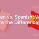 Italian and Spanish language comparison, side by side text examples, colorful flags of Italy and Spain, educational vibe, illustrative style.