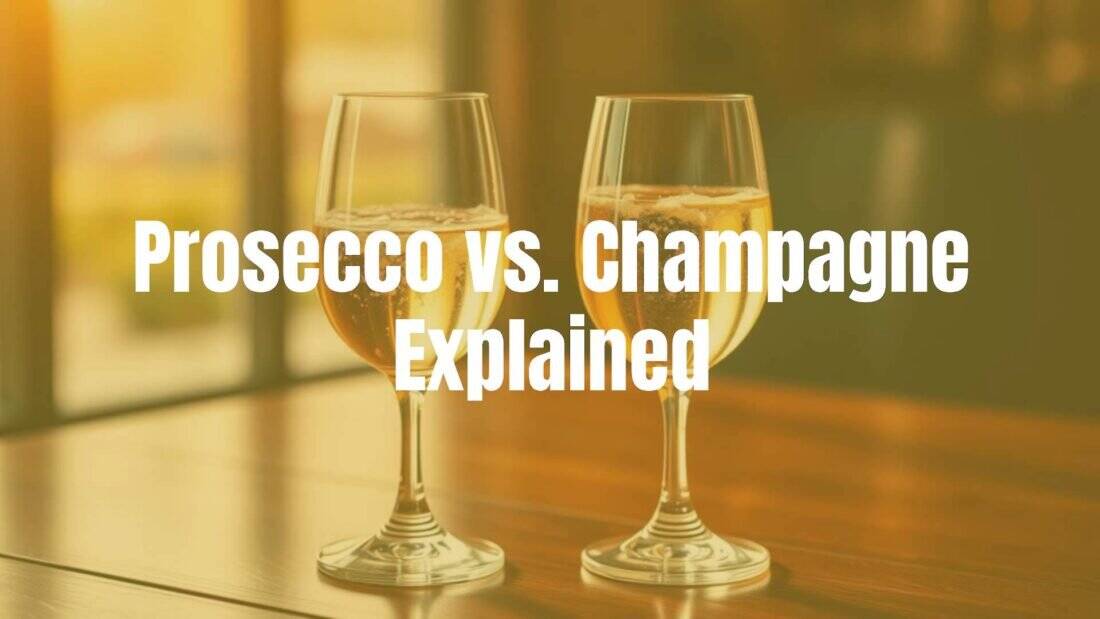 Two elegant glasses of sparkling wine, one Prosecco and one Champagne, side by side on a wooden table with bubbles rising, golden lighting, realistic.