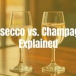 Two elegant glasses of sparkling wine, one Prosecco and one Champagne, side by side on a wooden table with bubbles rising, golden lighting, realistic.