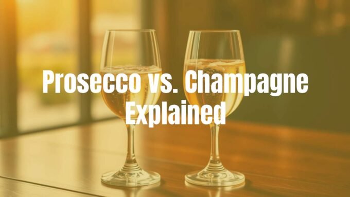 Two elegant glasses of sparkling wine, one Prosecco and one Champagne, side by side on a wooden table with bubbles rising, golden lighting, realistic.
