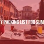 Stylish summer travel essentials laid out on a rustic Italian table, sunny piazza in background, warm tones, realistic.