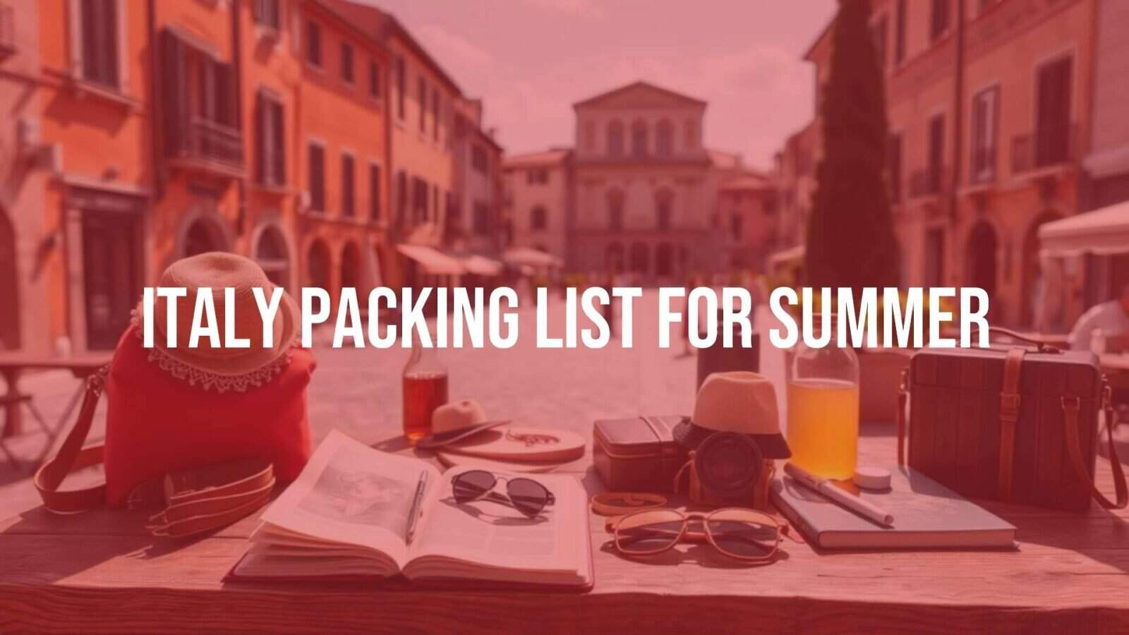 Stylish summer travel essentials laid out on a rustic Italian table, sunny piazza in background, warm tones, realistic.