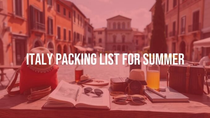 Stylish summer travel essentials laid out on a rustic Italian table, sunny piazza in background, warm tones, realistic.