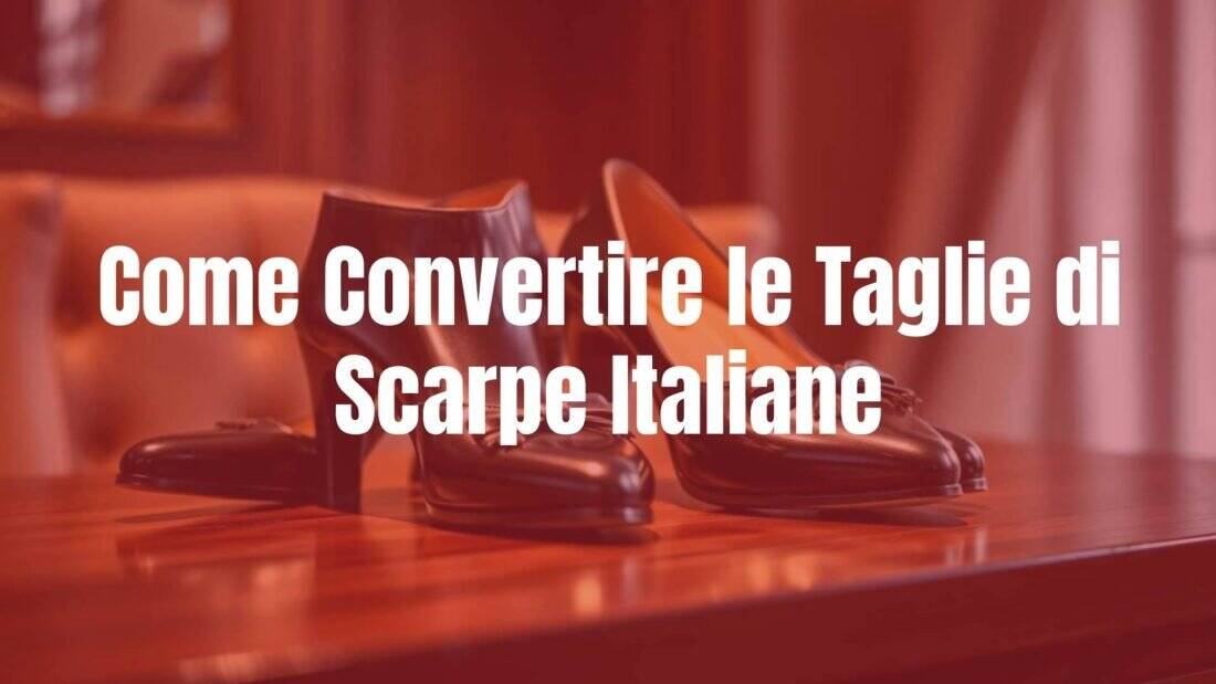 Italian shoes elegantly displayed on a wooden table with a size conversion chart, stylish and realistic.