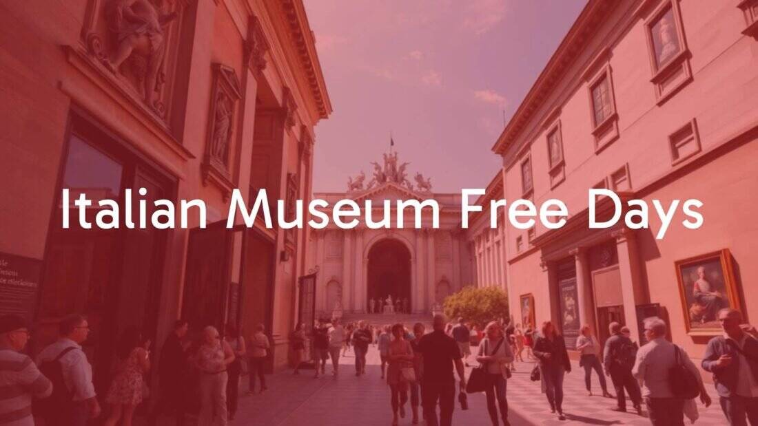 A grand Italian museum entrance with visitors walking in for free, featuring famous artworks and historic artifacts in the background, sunny day, realistic.