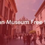 A grand Italian museum entrance with visitors walking in for free, featuring famous artworks and historic artifacts in the background, sunny day, realistic.