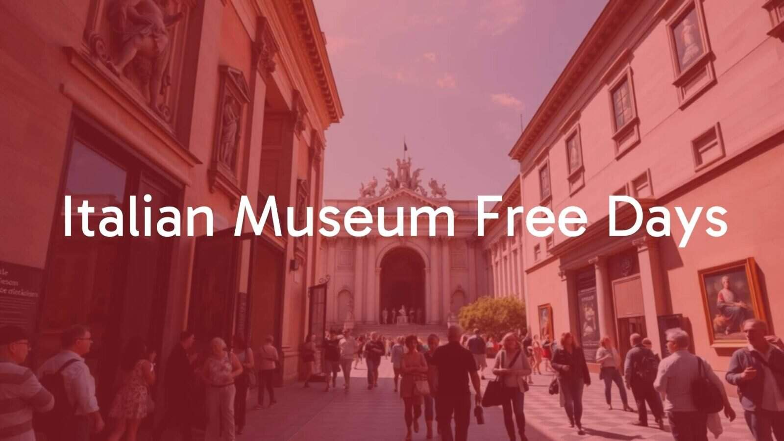 A grand Italian museum entrance with visitors walking in for free, featuring famous artworks and historic artifacts in the background, sunny day, realistic.