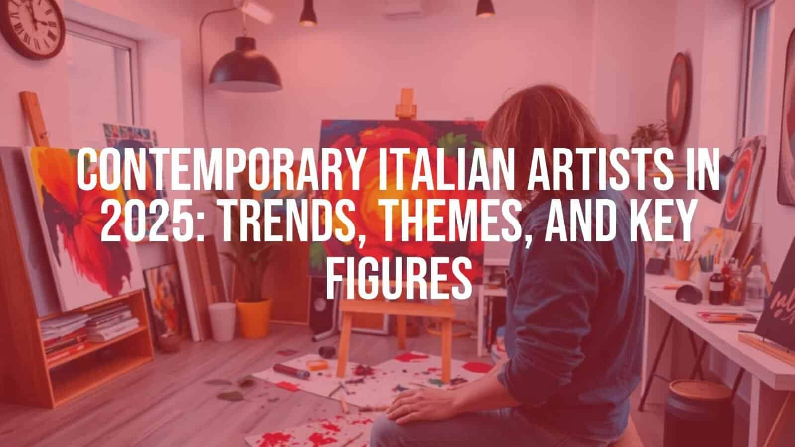 Contemporary Italian artist painting in a modern studio, blending Renaissance influences with digital art tools, vibrant colors, creative atmosphere.