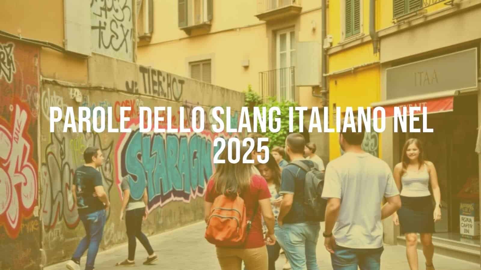Italian urban street scene with young people chatting, vibrant graffiti wall with slang words, modern and lively atmosphere, realistic.