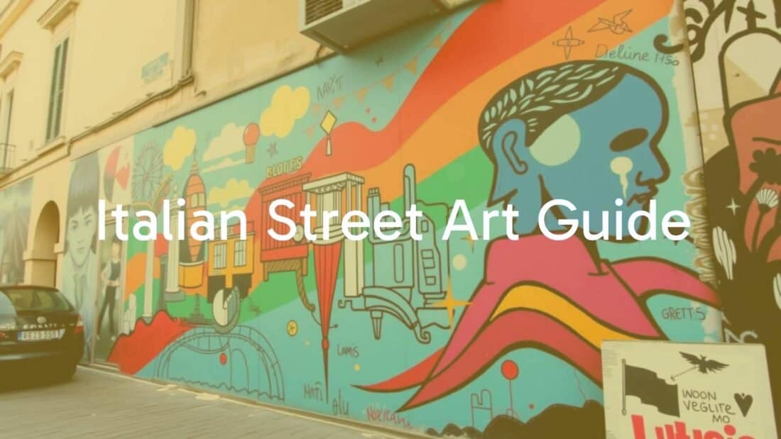 Vibrant Italian street art on an urban wall, blending modern themes with classical hints, open-air gallery vibe, illustrative style.