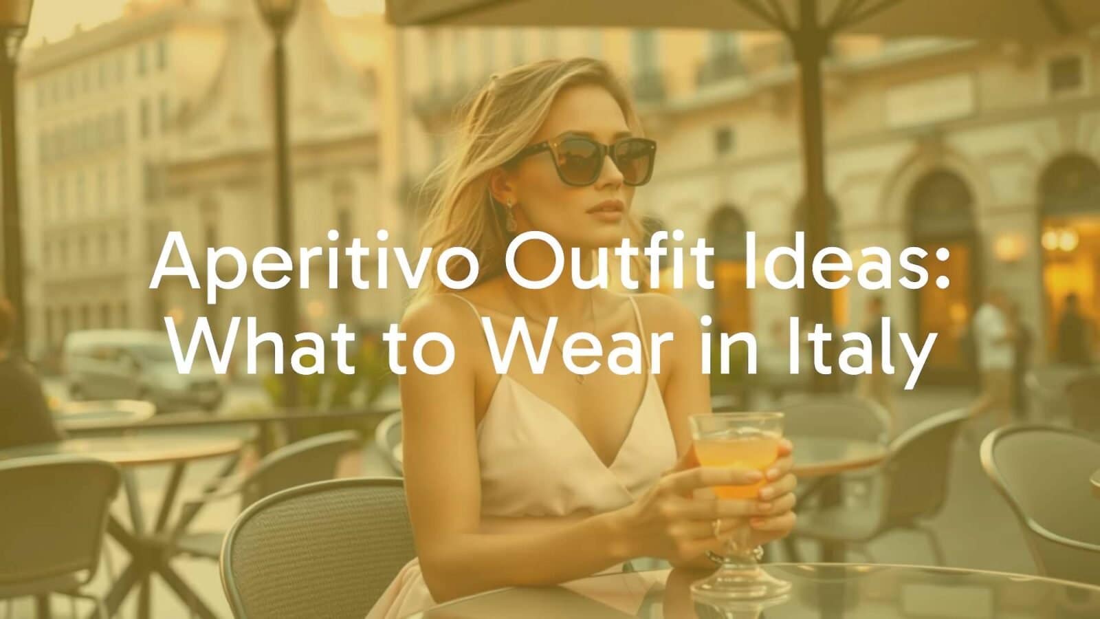 Stylish woman at an Italian aperitivo, wearing a chic summer dress with sunglasses, sitting at a café table with a spritz drink, Milan background, golden hour lighting, realistic.