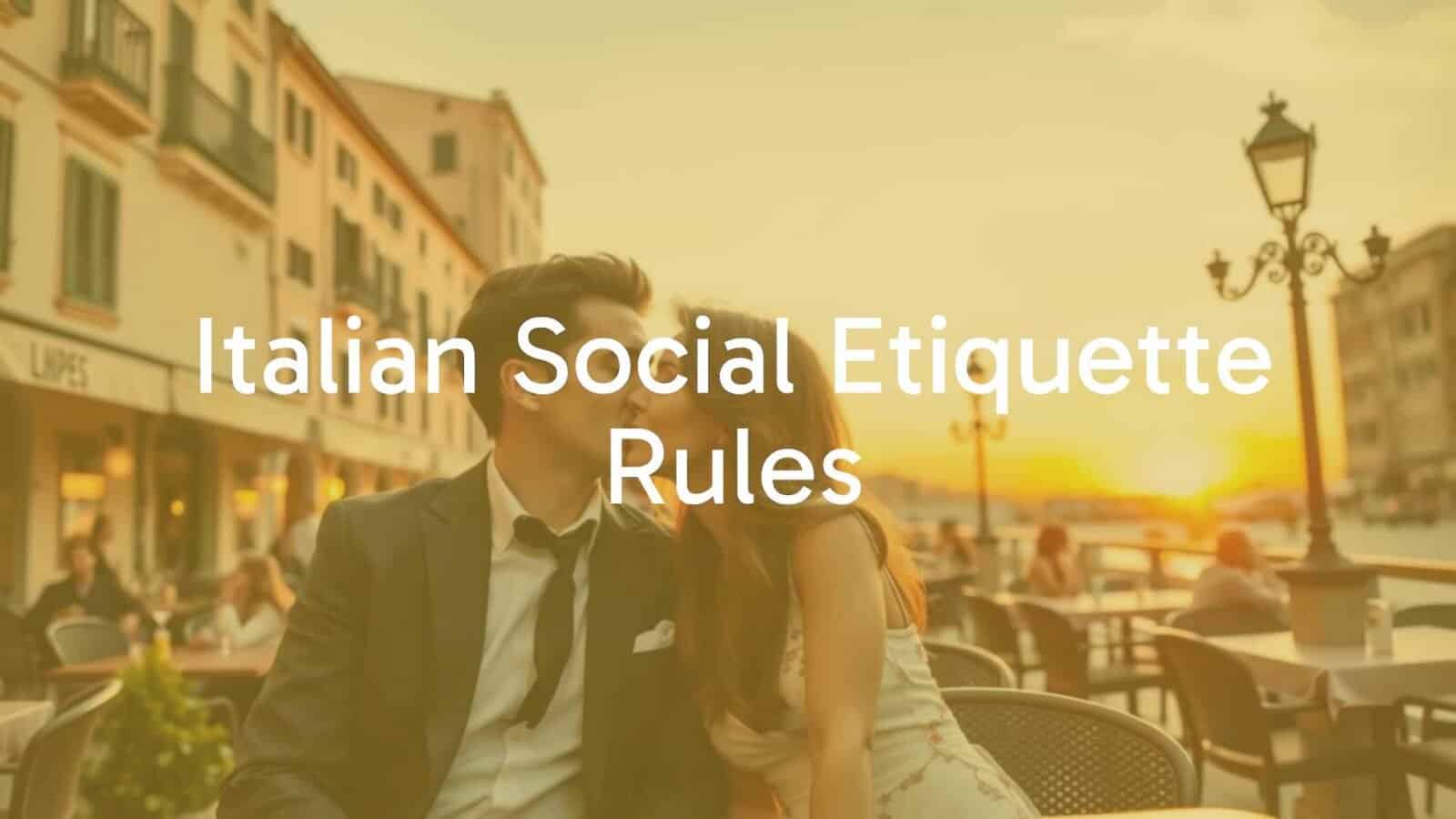 Elegant Italian couple greeting each other with a kiss on the cheek, outdoor café setting, warm sunset light, traditional Italian architecture in background, stylish and respectful atmosphere, realistic.