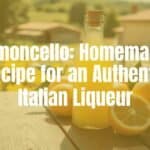 A glass bottle of homemade limoncello, bright yellow liquid, fresh lemons on a rustic wooden table, Italian countryside background, sunny and vibrant.