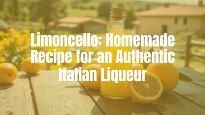 A glass bottle of homemade limoncello, bright yellow liquid, fresh lemons on a rustic wooden table, Italian countryside background, sunny and vibrant.