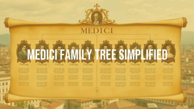 A Renaissance-style family tree scroll, featuring the Medici family, ornate gold borders, historical portraits, elegant calligraphy, Florence skyline in the background, vintage parchment texture, rich and regal atmosphere.