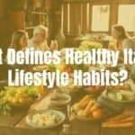 Italian lifestyle scene, fresh food on a rustic wooden table, people enjoying a meal together, warm sunlight, cozy and vibrant, realistic style.