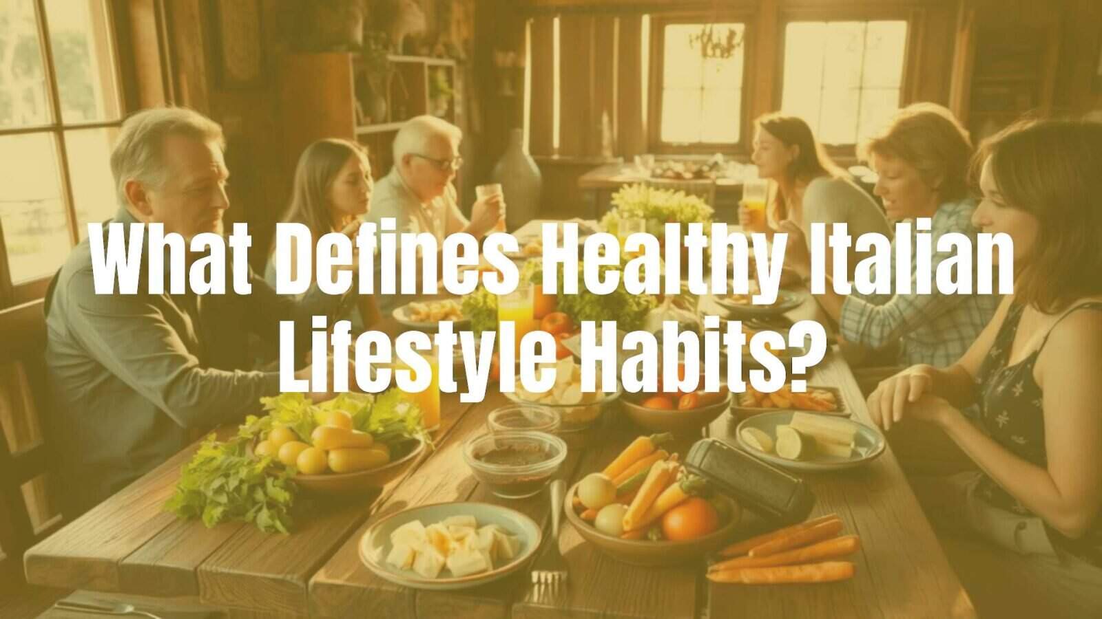 Italian lifestyle scene, fresh food on a rustic wooden table, people enjoying a meal together, warm sunlight, cozy and vibrant, realistic style.