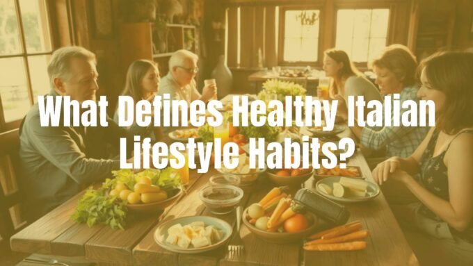 Italian lifestyle scene, fresh food on a rustic wooden table, people enjoying a meal together, warm sunlight, cozy and vibrant, realistic style.