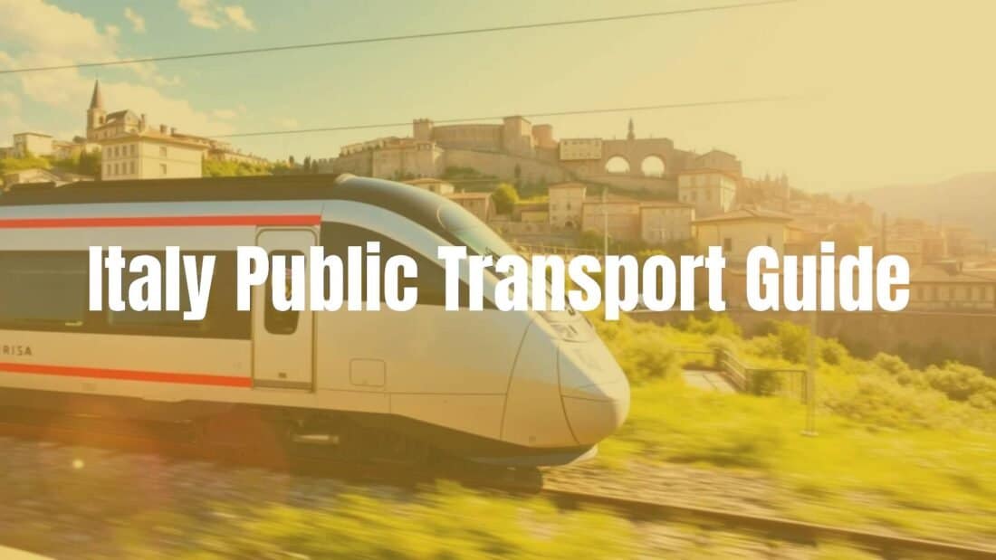 Modern Italian train speeding through scenic countryside, historic architecture in background, sunny day, travel vibe, realistic.