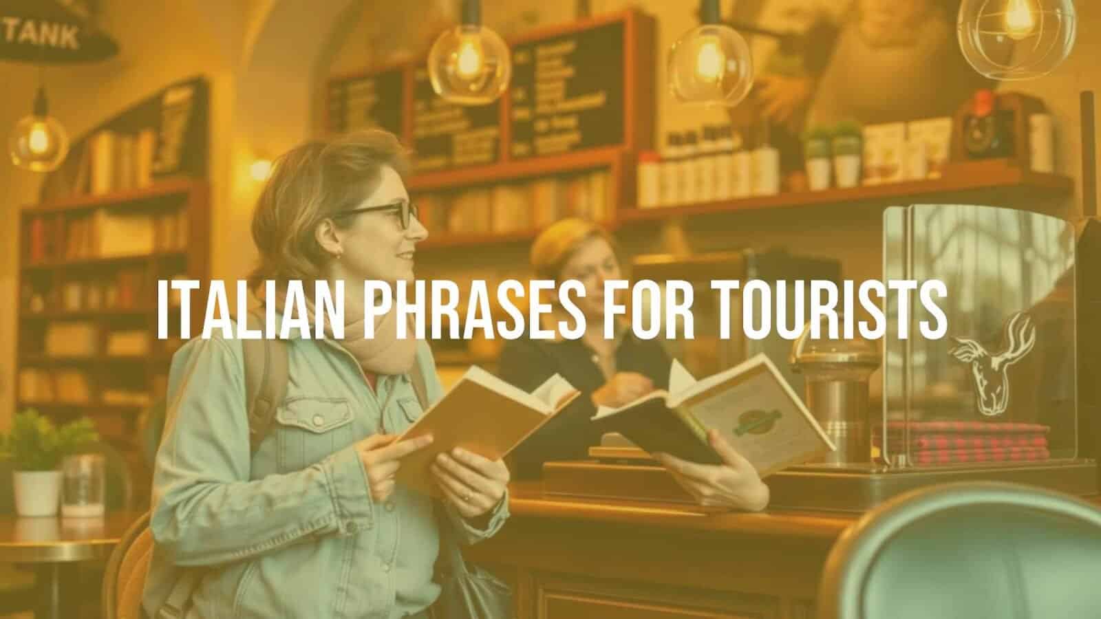 A tourist in Italy holding a phrasebook, speaking to a friendly local barista in a cozy café, warm lighting, realistic style.