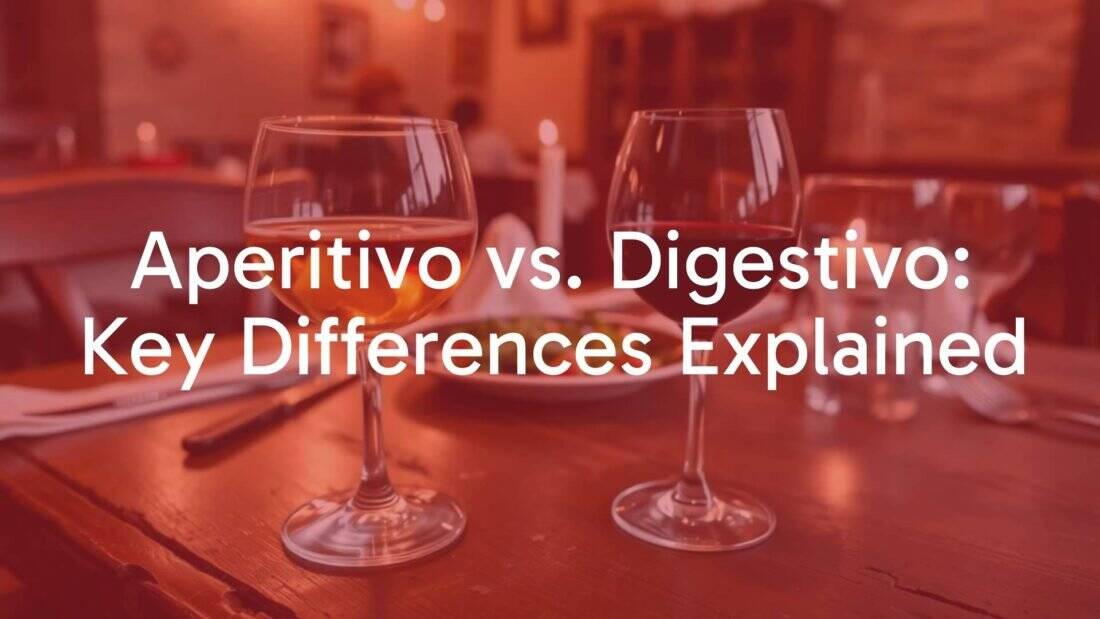 Two elegant glasses on a rustic table, one with a light aperitivo drink, another with a dark digestivo drink, Italian dinner setting, warm ambiance, realistic.