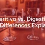 Two elegant glasses on a rustic table, one with a light aperitivo drink, another with a dark digestivo drink, Italian dinner setting, warm ambiance, realistic.