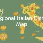 A colorful map of Italy with regional dishes, pasta, pizza, and local ingredients, illustrated style, vibrant and inviting.