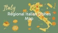 A colorful map of Italy with regional dishes, pasta, pizza, and local ingredients, illustrated style, vibrant and inviting.