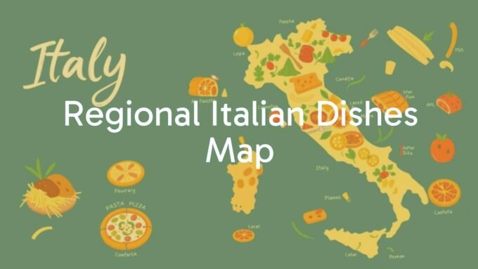 A colorful map of Italy with regional dishes, pasta, pizza, and local ingredients, illustrated style, vibrant and inviting.