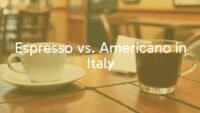 Two coffee cups on a rustic Italian table, one filled with espresso and the other with Americano, warm lighting, traditional café setting, realistic.