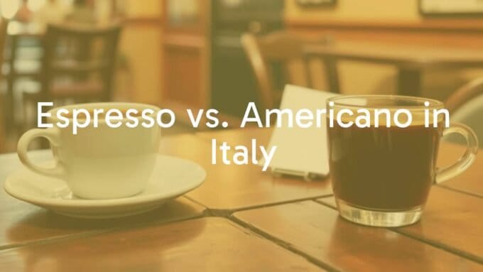 Two coffee cups on a rustic Italian table, one filled with espresso and the other with Americano, warm lighting, traditional café setting, realistic.
