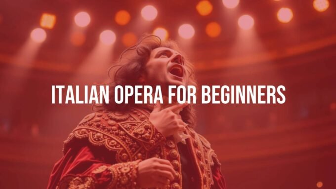 A dramatic Italian opera singer on stage, wearing a lavish costume, singing passionately under golden stage lights, realistic.