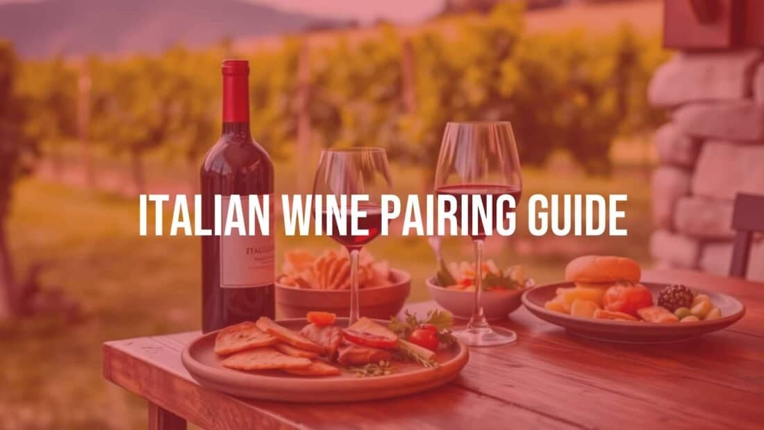 Elegant Italian wine and food pairing, rustic wooden table, vineyard background, warm lighting, realistic.