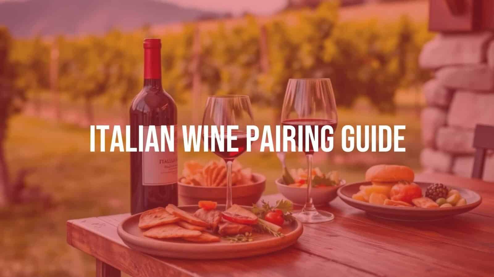 Elegant Italian wine and food pairing, rustic wooden table, vineyard background, warm lighting, realistic.