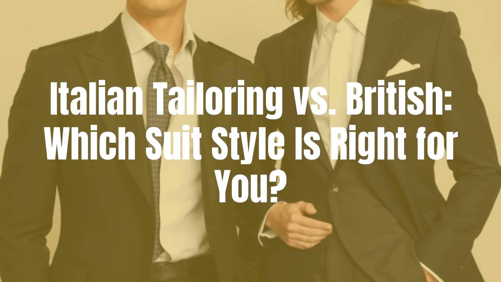 Two elegant suits side by side, one British-style with sharp structure and military influence, one Italian-style with relaxed fit and soft lines, high-end tailoring, neutral background, realistic.